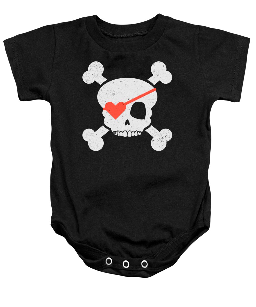 Skull Baby Onesie featuring the digital art Skull Heart Valentines Day Pirate Flag by Jacob Zelazny