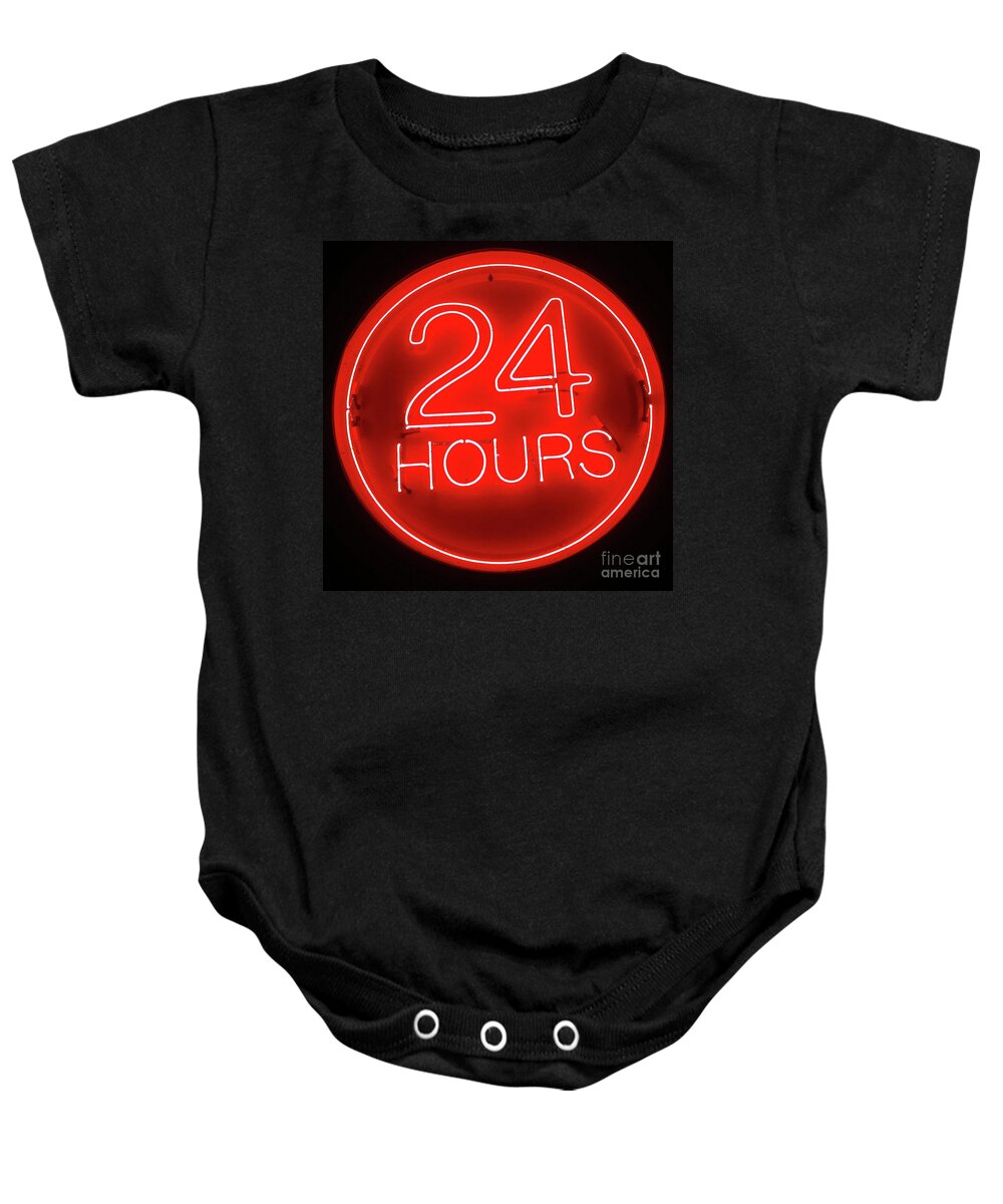 24 Baby Onesie featuring the photograph 24 Hours Neon Sign by Edward Fielding