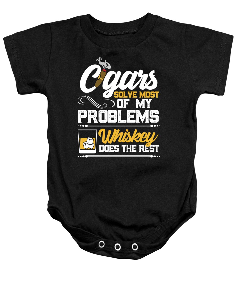 Scotch Baby Onesie featuring the digital art Cigars and Whiskey Funny by Michael S