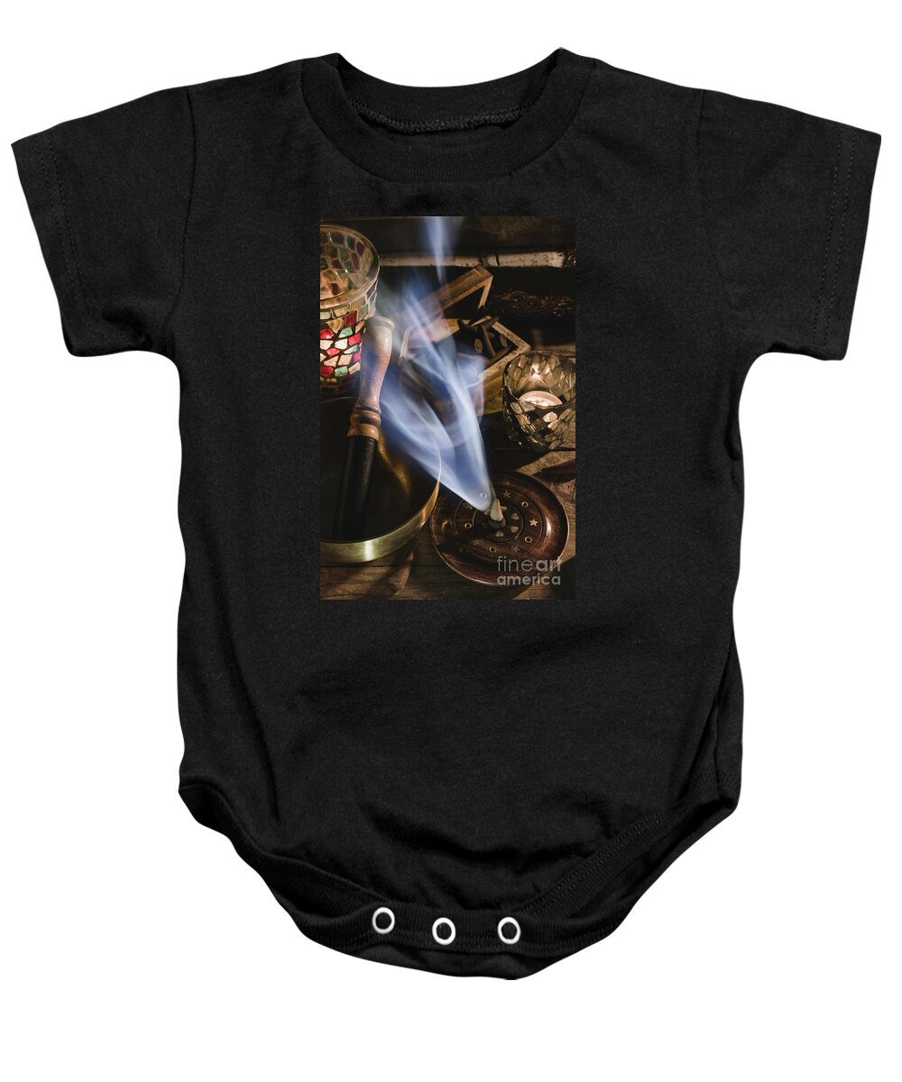 Mystical Baby Onesie featuring the photograph Smoke of an incense cone and bowl #3 by Vicente Sargues
