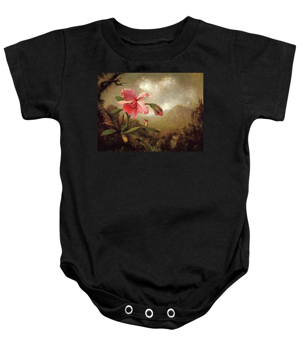 Martin Johnson Heade Baby Onesie featuring the painting Orchid And Hummingbird Near A Mountain Waterfall #5 by Martin Johnson Heade