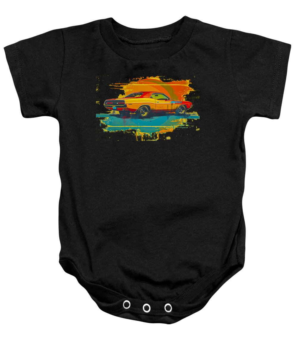 Dodge Challenger Baby Onesie featuring the digital art 70s Challenger T-shirt by Bill Posner