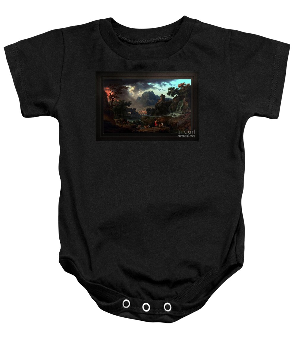 A Mountain Landscape With An Approaching Storm Baby Onesie featuring the painting A Mountain Landscape with an Approaching Storm by Claude Joseph Vernet Classical Fine Art Old Master by Rolando Burbon
