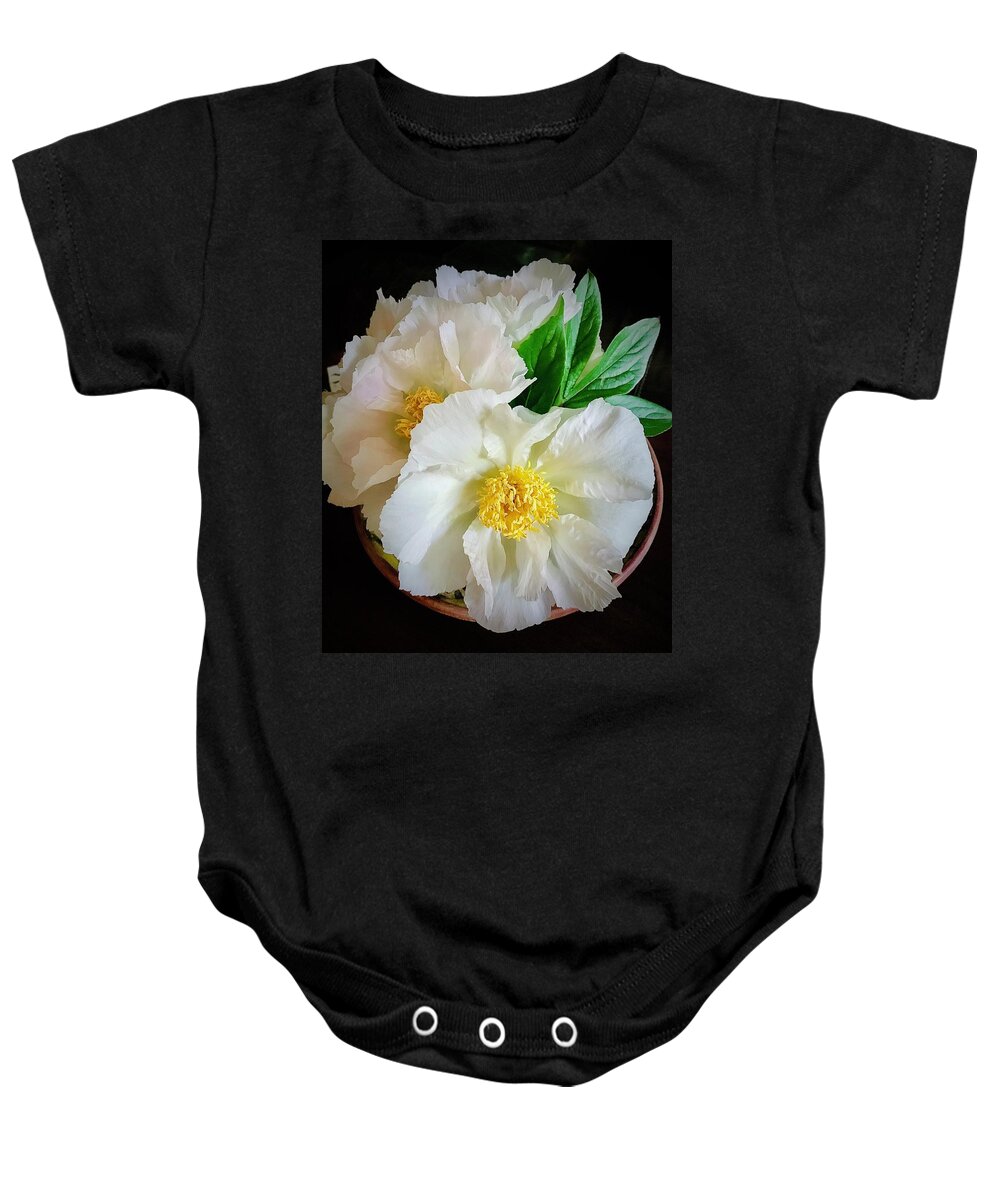 Peonies Baby Onesie featuring the photograph A Plate Full Of Peonies by Alida M Haslett
