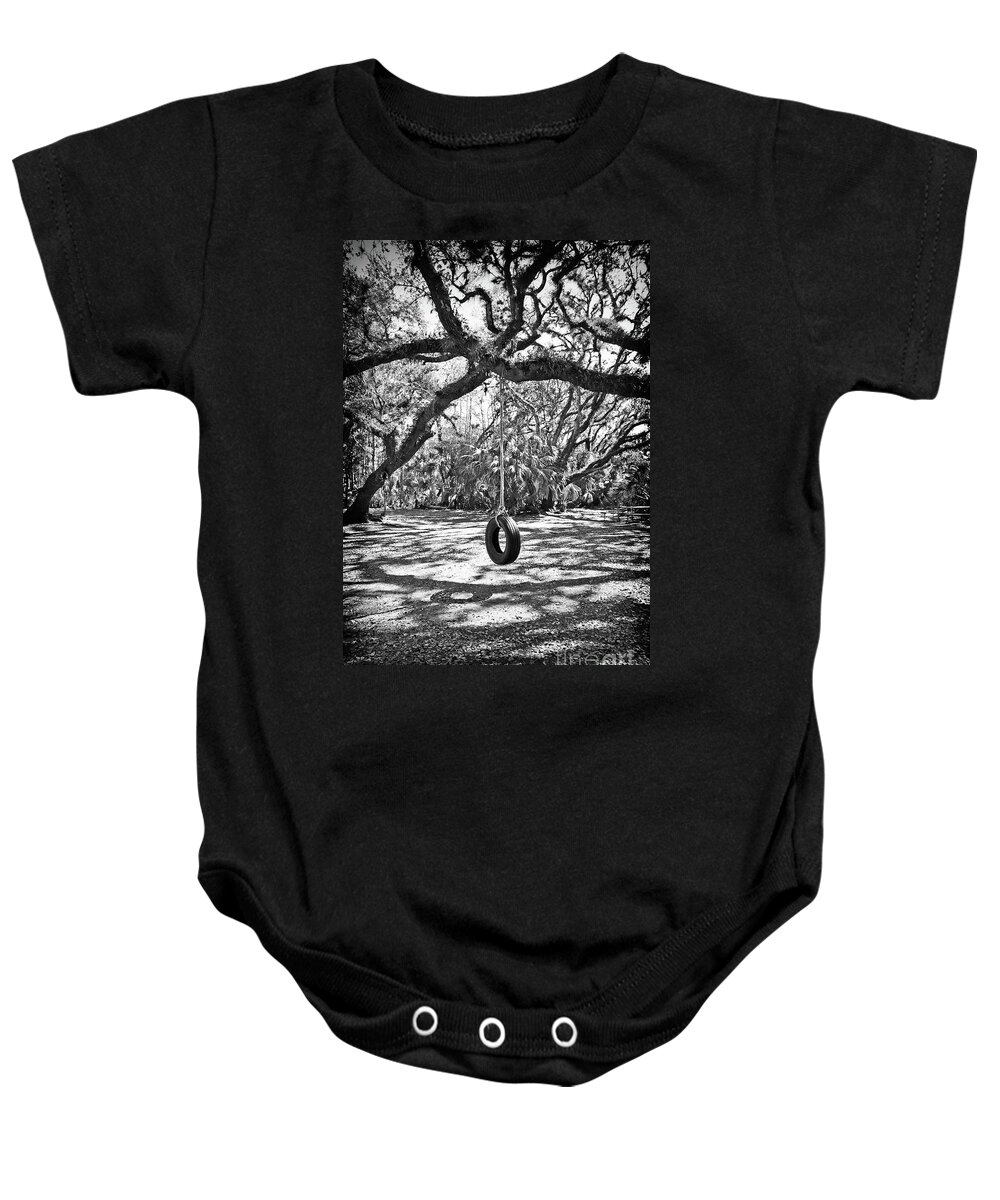 Spanish Moss Baby Onesie featuring the photograph Abandoned Tire Swing - BW by Chris Andruskiewicz