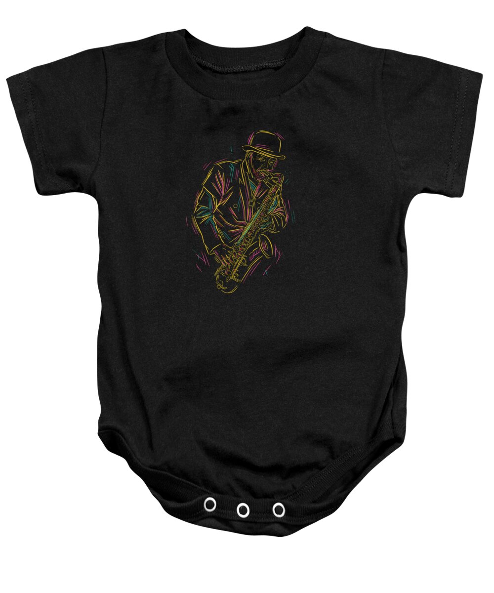 Saxophone Baby Onesie featuring the digital art Abstract Jazz Saxophone Player by Me