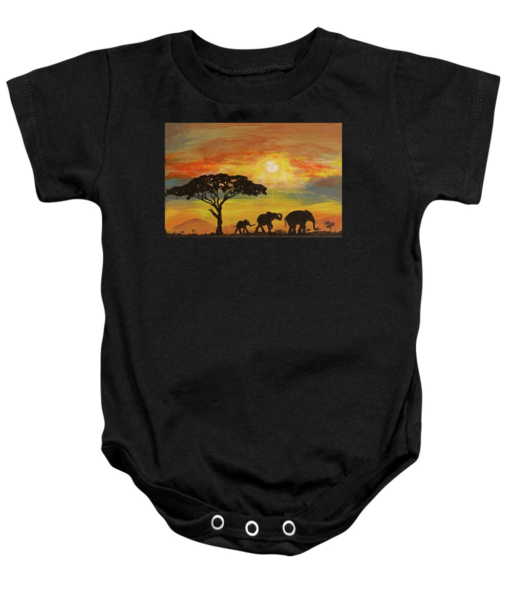 Elephants Baby Onesie featuring the painting African Sunset by Evelyn Snyder