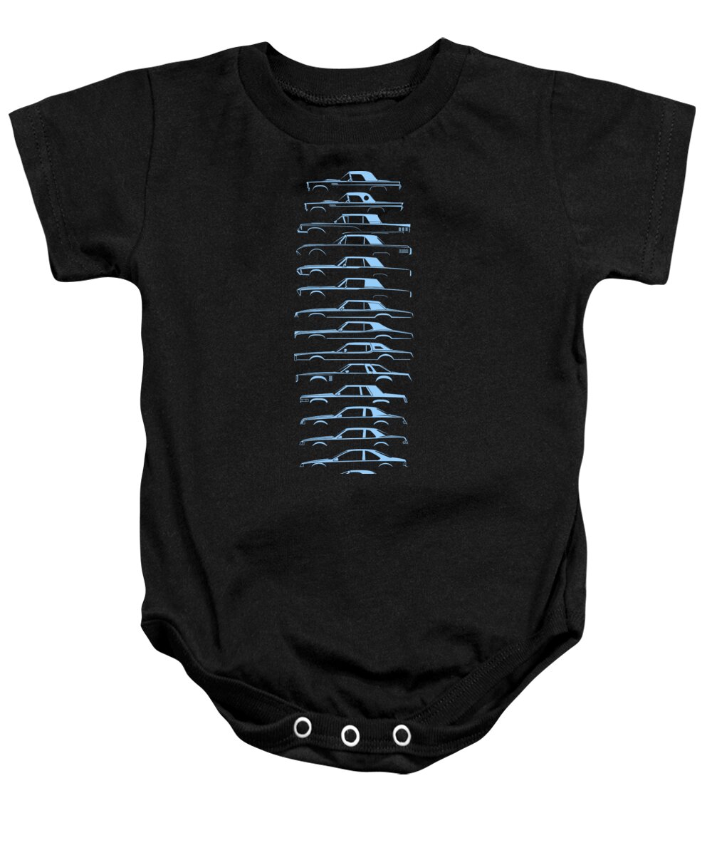 Ford Baby Onesie featuring the digital art American Bird Coupe SilhouetteHistory by Gabor Vida