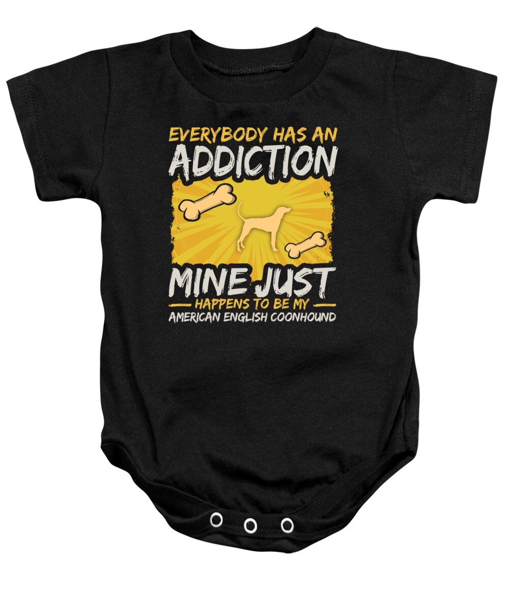 Dog Baby Onesie featuring the digital art American English Coonhound Funny Dog Addiction by Jacob Zelazny