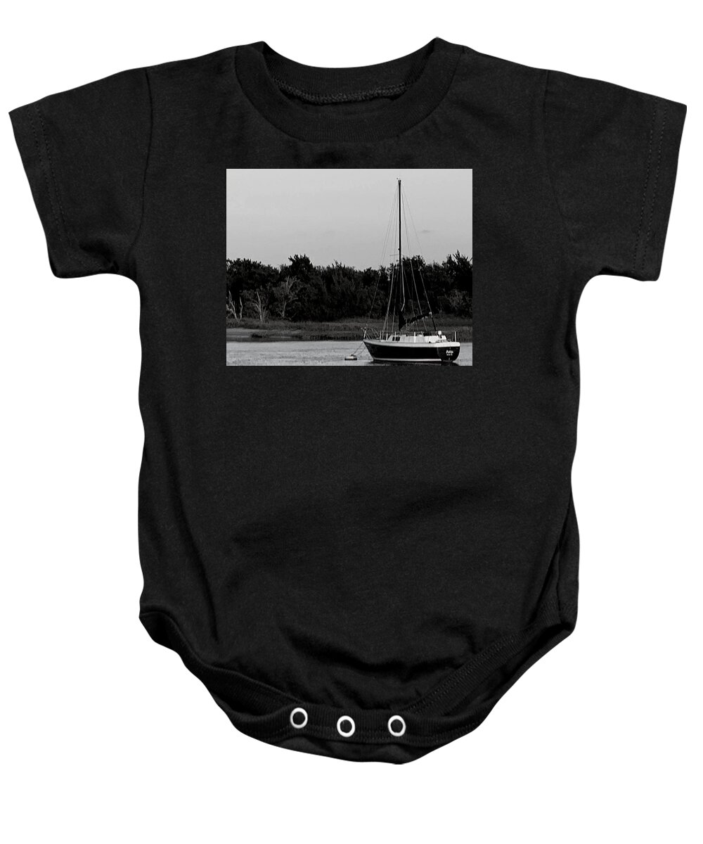 Beaufort Baby Onesie featuring the photograph Anchored in Beaufort Town BW by Lee Darnell