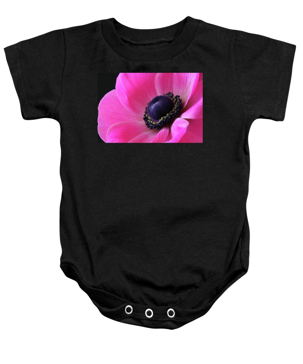 Macro Baby Onesie featuring the photograph Anemone Pink by Julie Powell