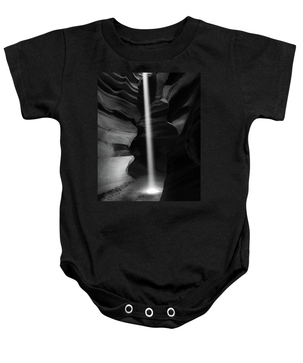 Antelope Canyon Baby Onesie featuring the photograph Antelope Canyon Phantom Light - Black and White by Gregory Ballos