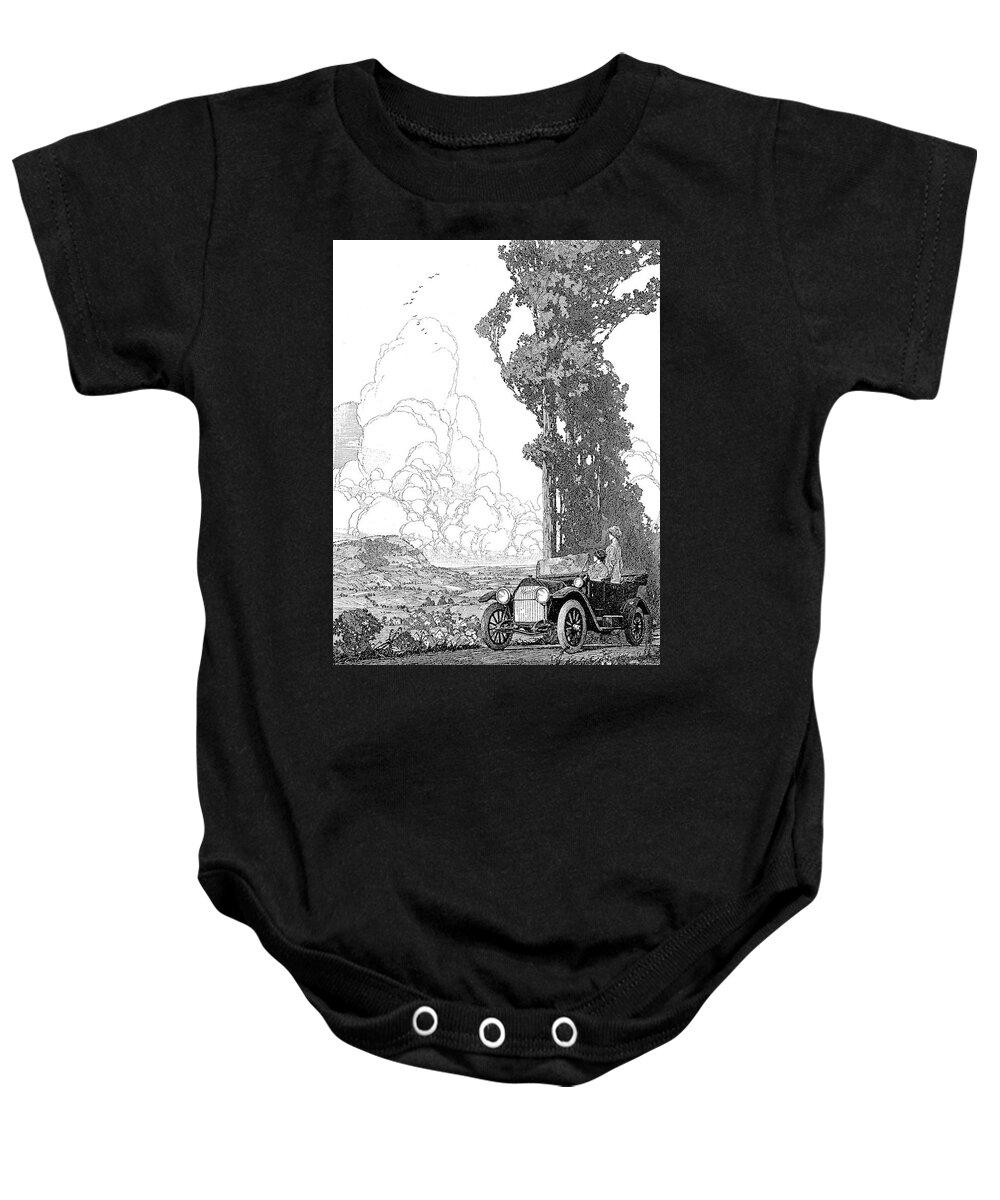 Franklin Booth Baby Onesie featuring the drawing Antique Car at an Overlook by Franklin Booth by DK Digital
