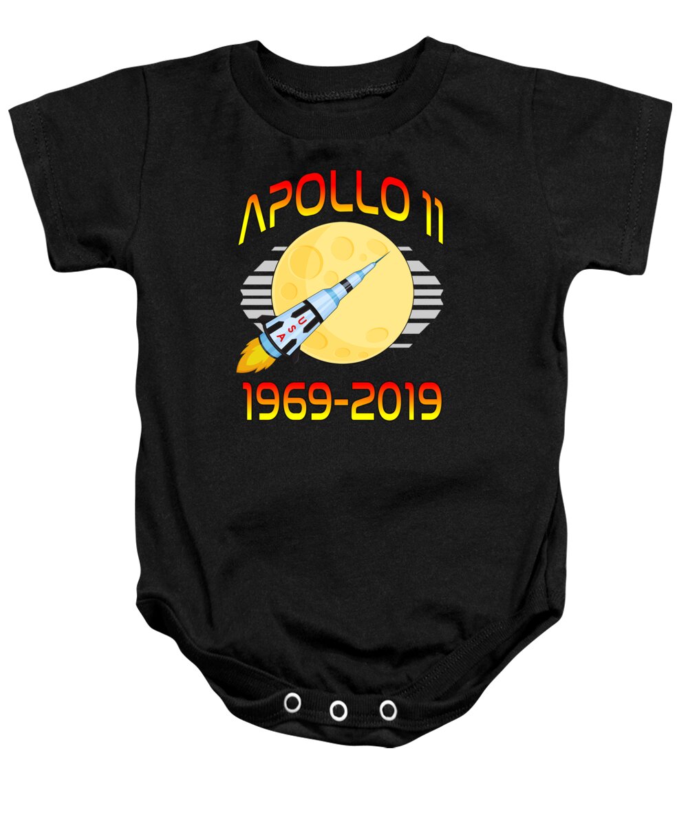 Space Baby Onesie featuring the digital art Apollo 11 50th Anniversary Retro Moon Landing by Flippin Sweet Gear