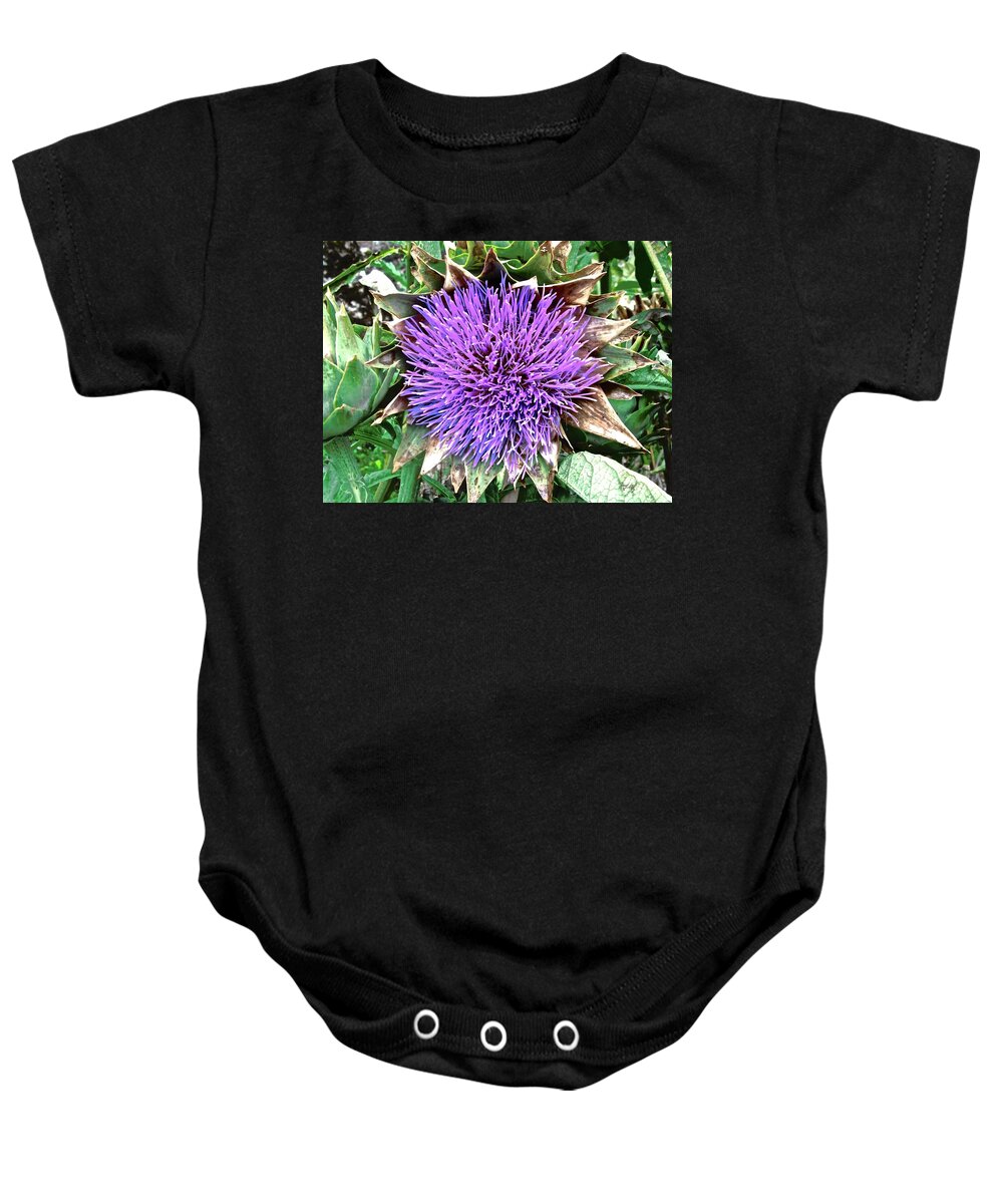 Flower Baby Onesie featuring the photograph Artichoke flower by Stephanie Moore