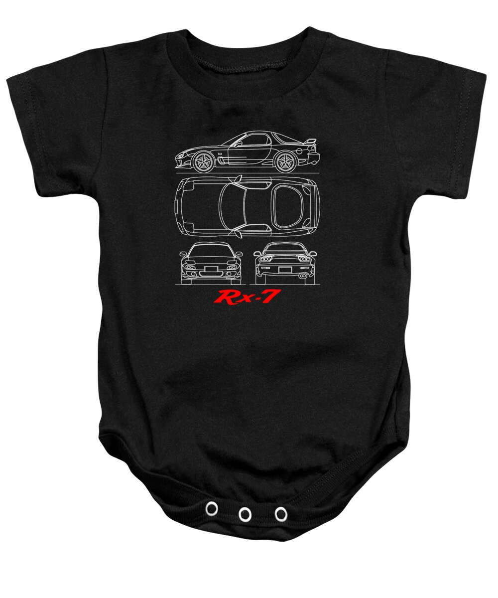 Mazda Rx-7 Baby Onesie featuring the photograph The RX-7 Blueprint - Black by Mark Rogan