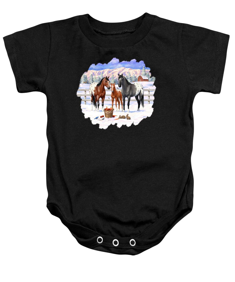 Horses Baby Onesie featuring the painting Appaloosa Horses In Winter Ranch Corral by Crista Forest