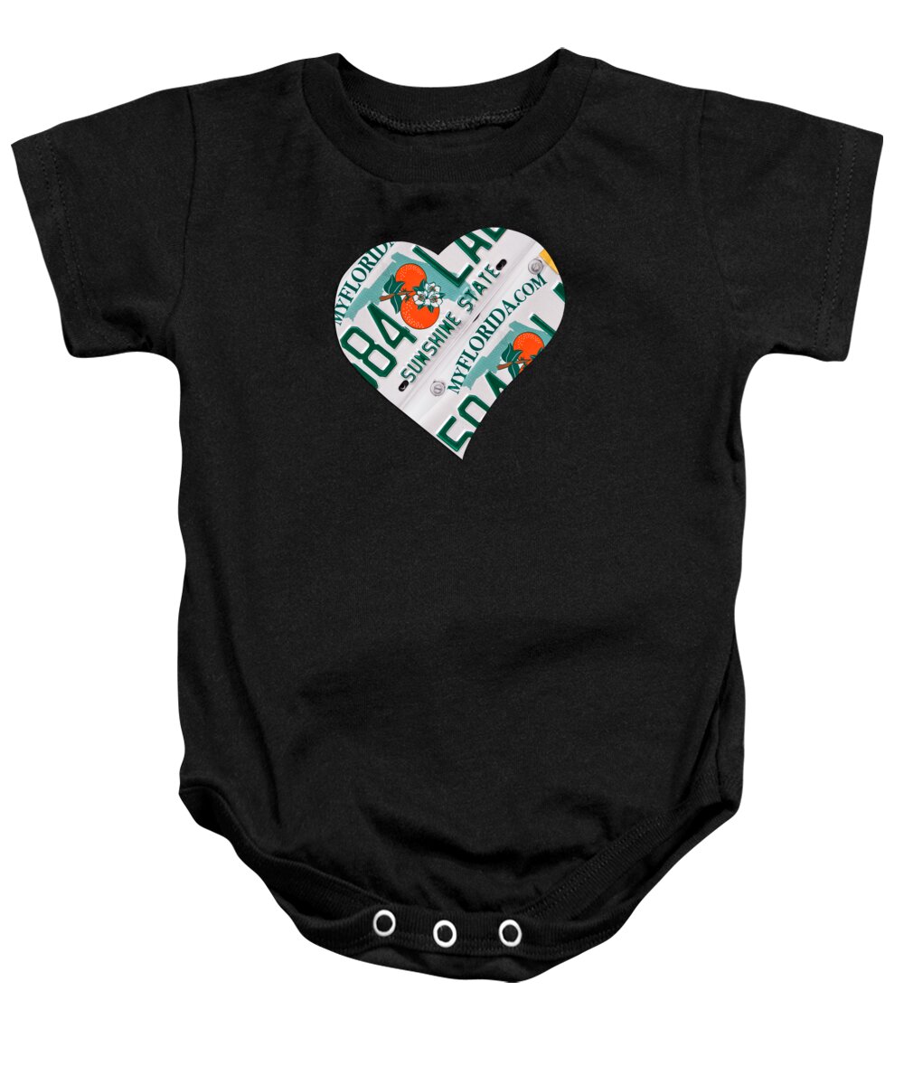 Florida Baby Onesie featuring the mixed media I Love Florida, license plates heart by Delphimages Photo Creations