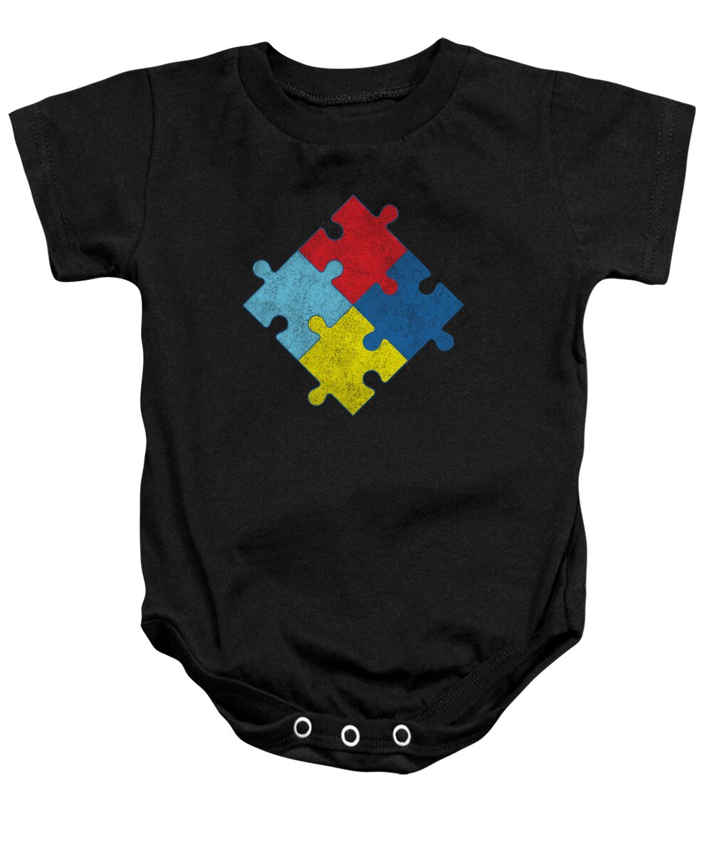 Awareness Baby Onesie featuring the digital art Autism Awareness Puzzle Pieces Retro by Flippin Sweet Gear