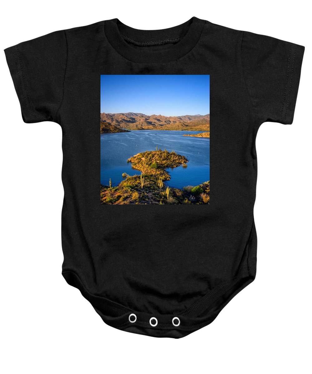 Arizona Baby Onesie featuring the photograph Bartlett Lake Arizona Golden Hour by Anthony Giammarino
