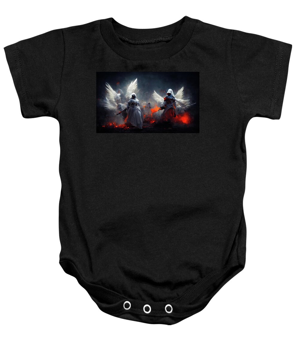 Angels Baby Onesie featuring the digital art Battle Angels fighting in Heaven and Hell 03 by Matthias Hauser