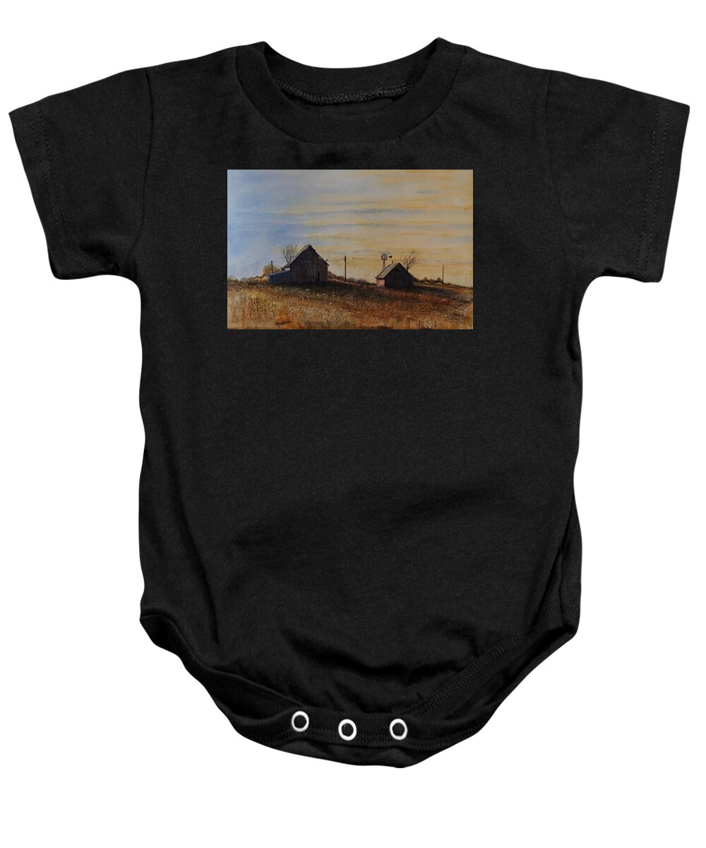 Barns Baby Onesie featuring the painting Behind The Barns by John Glass