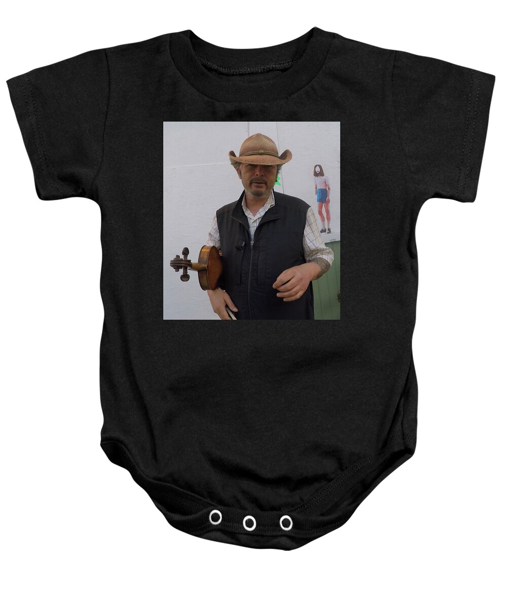 Cowboy Baby Onesie featuring the mixed media Benny Baker disciple of Kenny Baker, the Greatest Fiddler of the 20th Century by Bencasso Barnesquiat