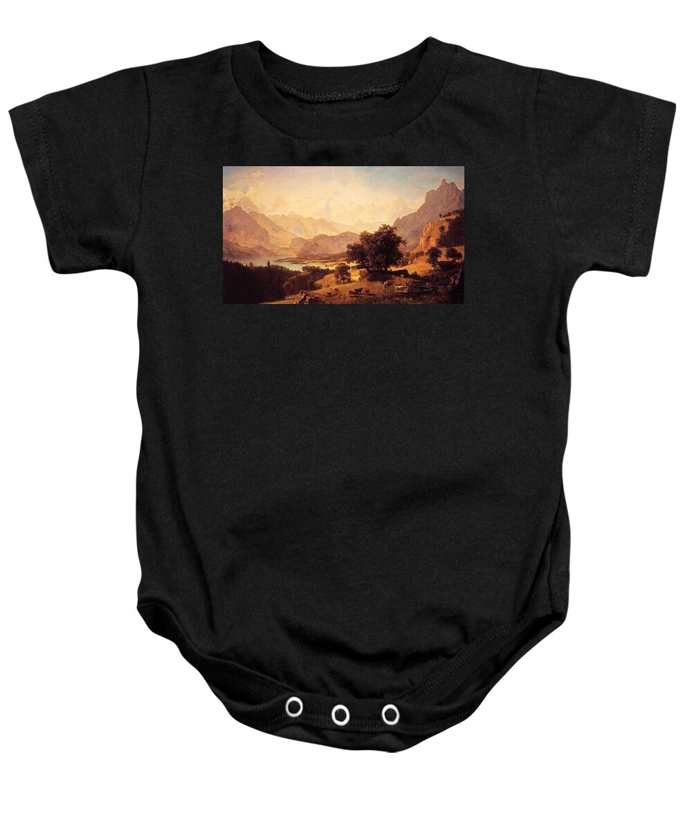Beach Baby Onesie featuring the painting Bernese Alps, as Seen near Kusmach by Albert Bierstadt by MotionAge Designs