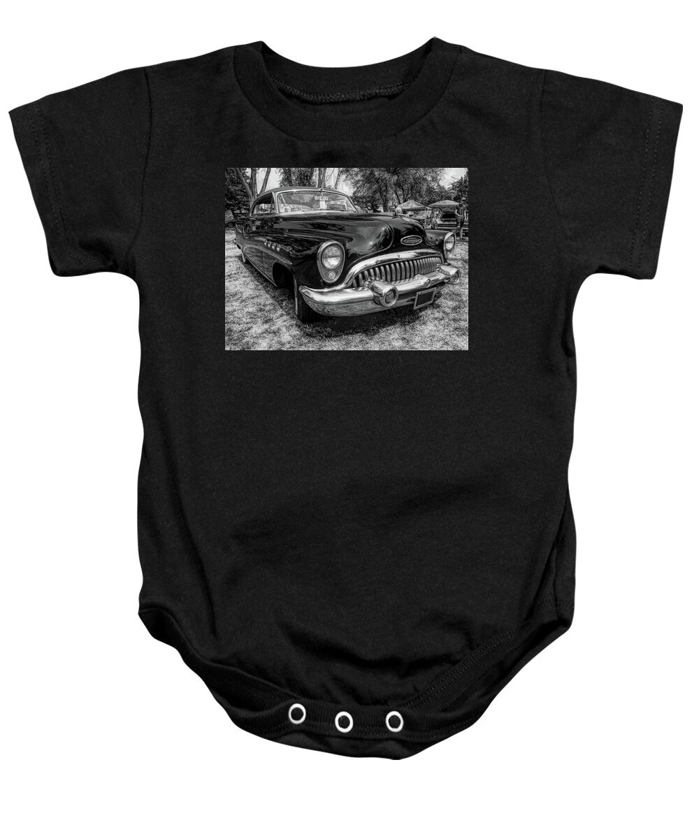 Buick Baby Onesie featuring the photograph Black 1953 Buick Roadmaster Hardtop Front Bw by DK Digital