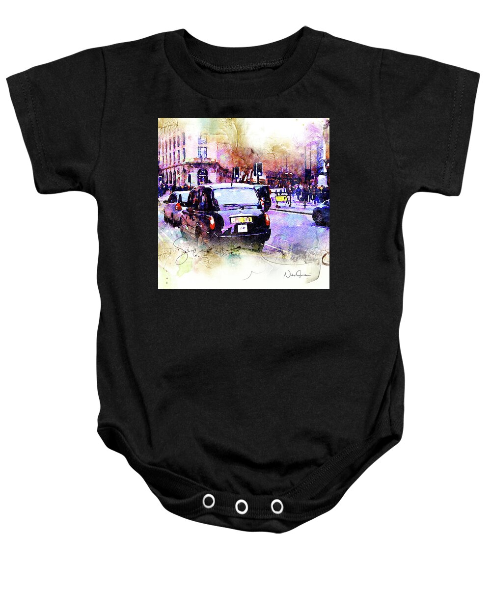 London Baby Onesie featuring the mixed media Black Cab on Streets of London by Nicky Jameson