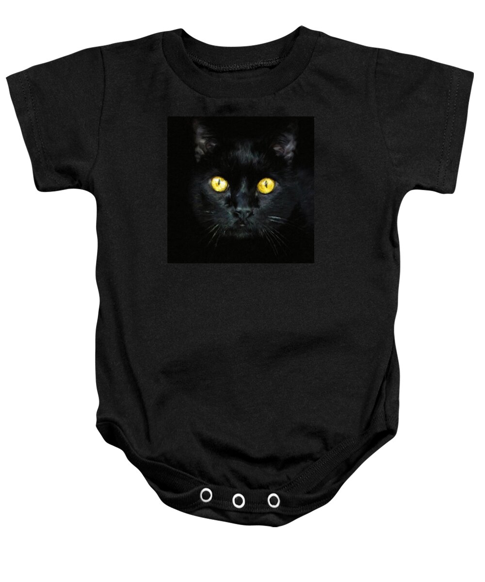 Black Cat Baby Onesie featuring the painting Black Cat With Golden Eyes by Modern Art