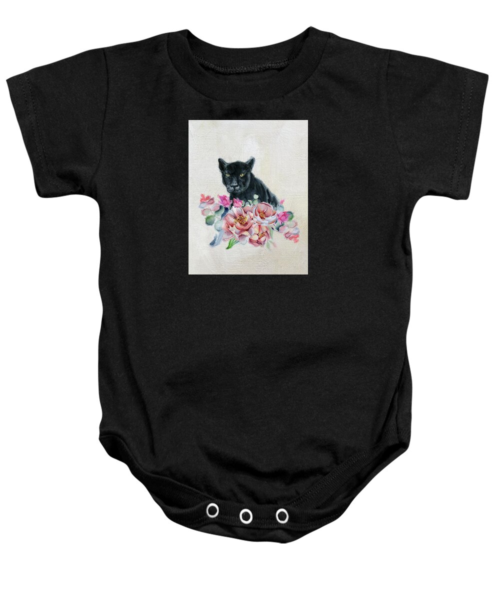Black Panther Baby Onesie featuring the painting Black Panther With Flowers by Garden Of Delights
