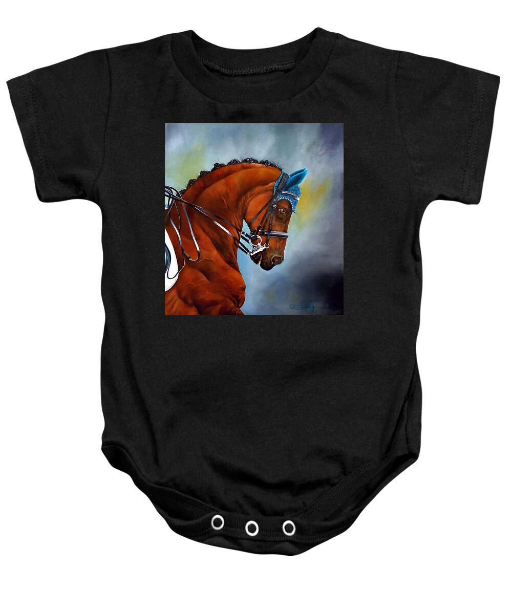 Horse Baby Onesie featuring the painting Blue Bonnette Deux by Dana Newman
