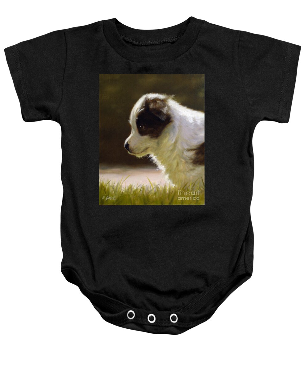 Dog Paintings Baby Onesie featuring the painting Border Collie pup portrait I by John Silver