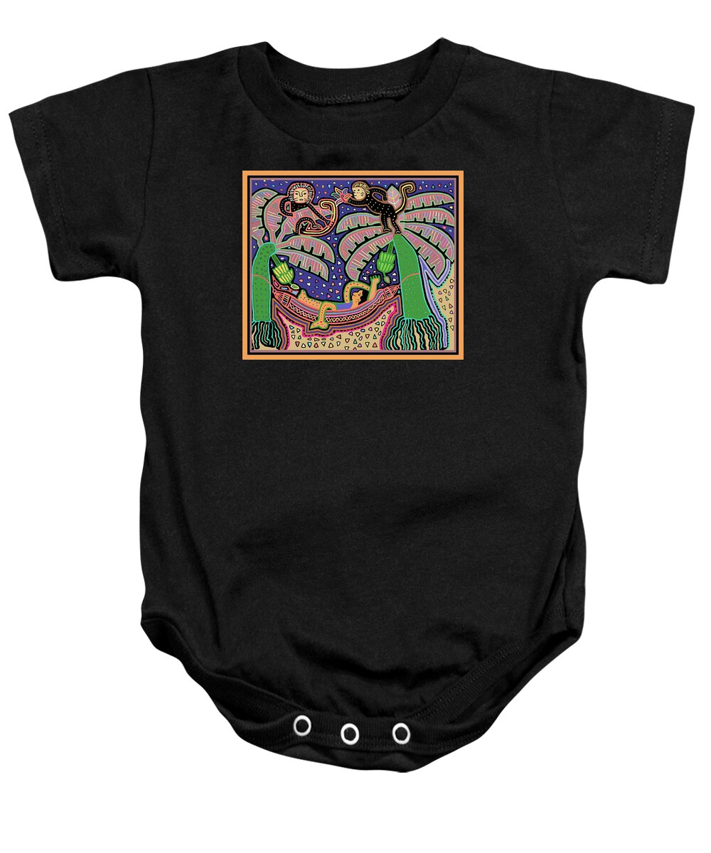Kuna Indian Baby Onesie featuring the digital art Boy on Hammock with Monkeys Mola by Vagabond Folk Art - Virginia Vivier