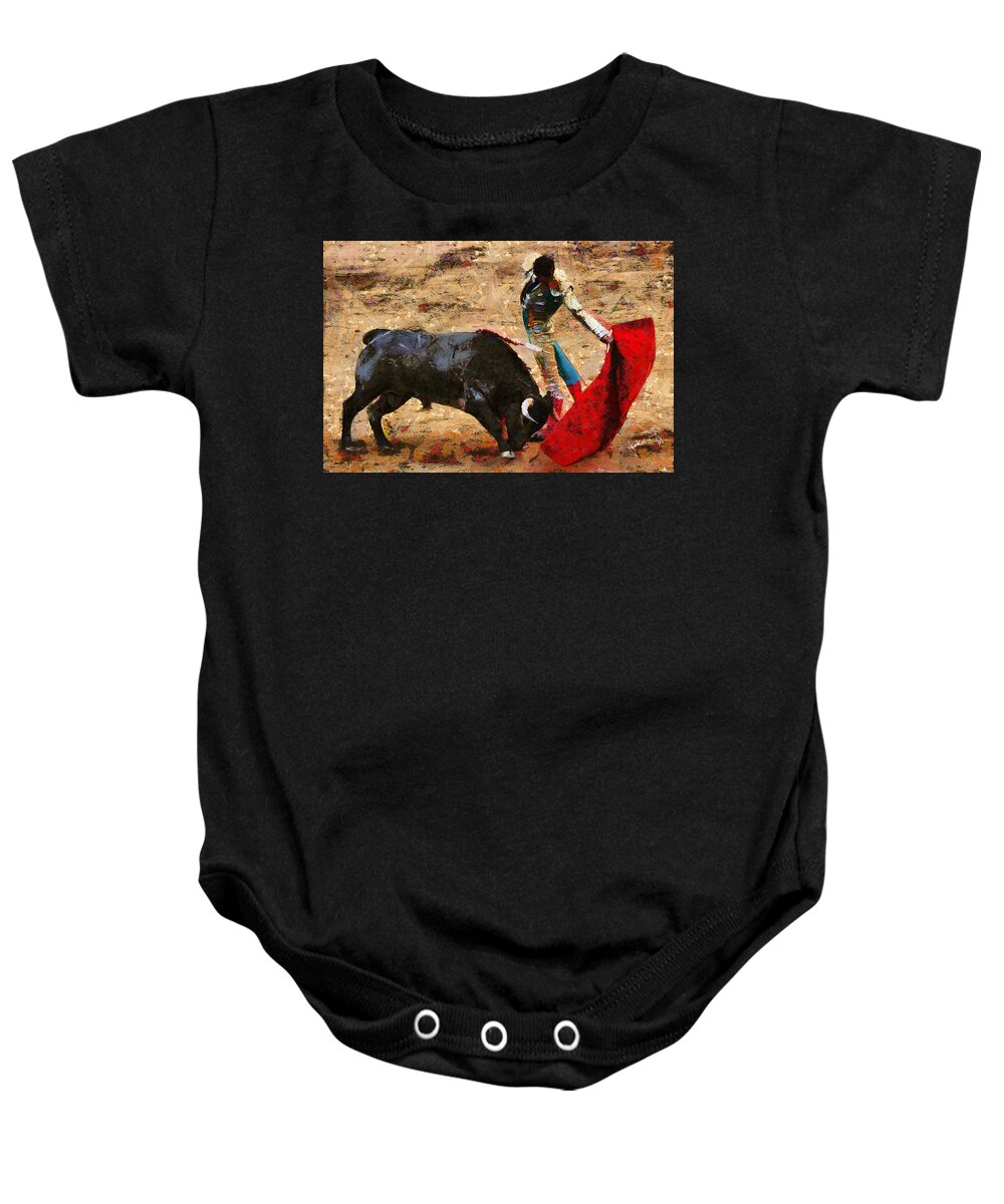 Bull Baby Onesie featuring the painting Bullfighting by Charlie Roman