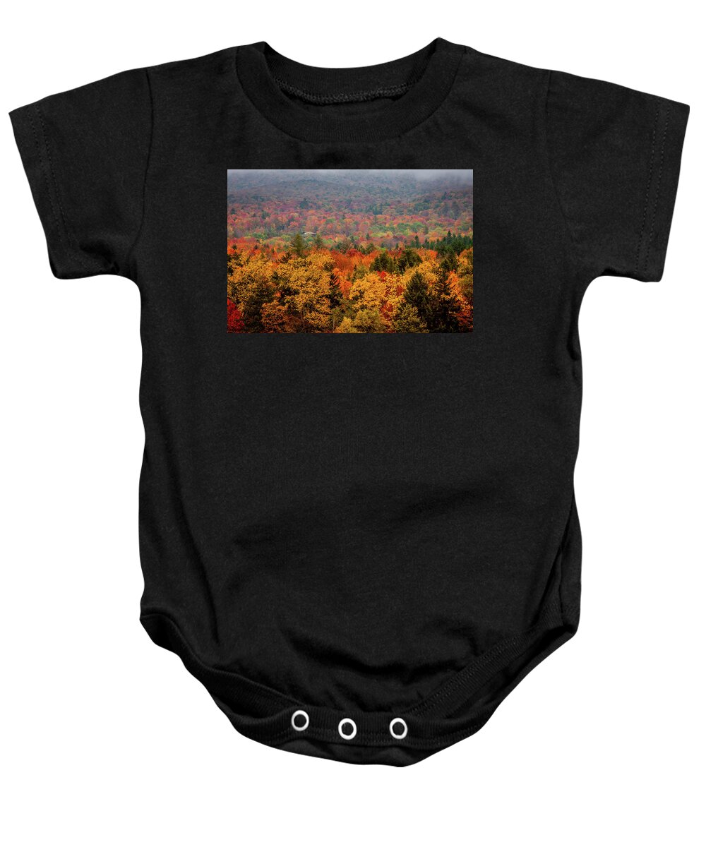 Green Mountains Baby Onesie featuring the photograph Cabin in Vermont fall colors by Jeff Folger