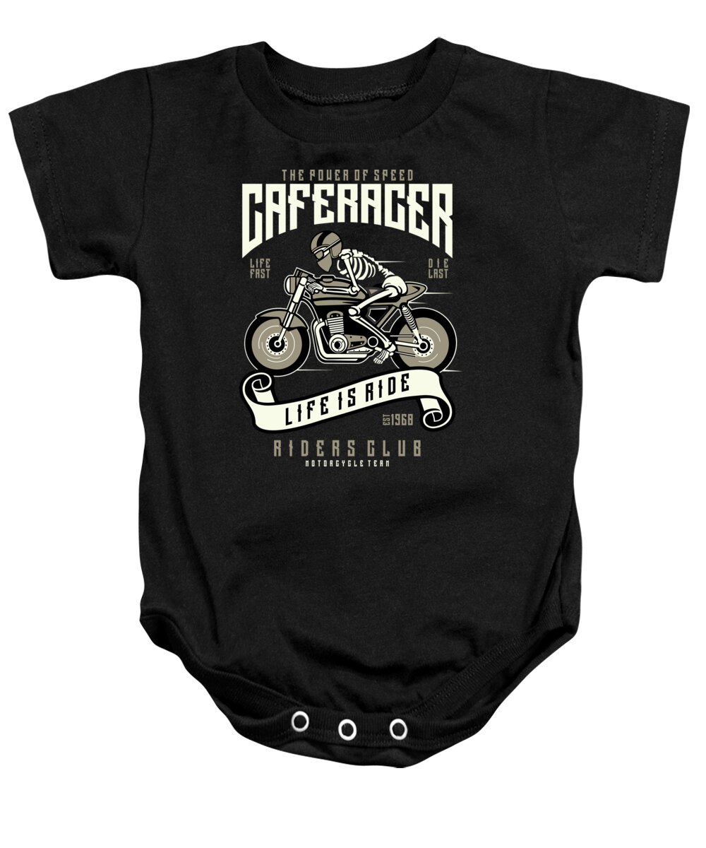 Motorcycle Baby Onesie featuring the digital art Cafe Racer Motorcycle Team Riders Club by Jacob Zelazny