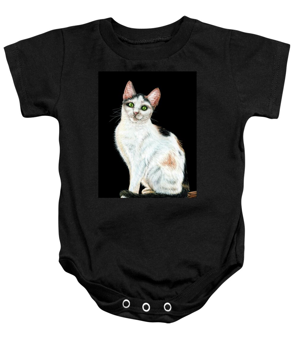 Cat Baby Onesie featuring the painting Calico by Monique Morin Matson