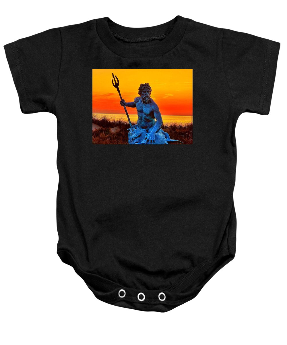  Baby Onesie featuring the photograph Cape Charles Neptune at Sunset by Stephen Dorton