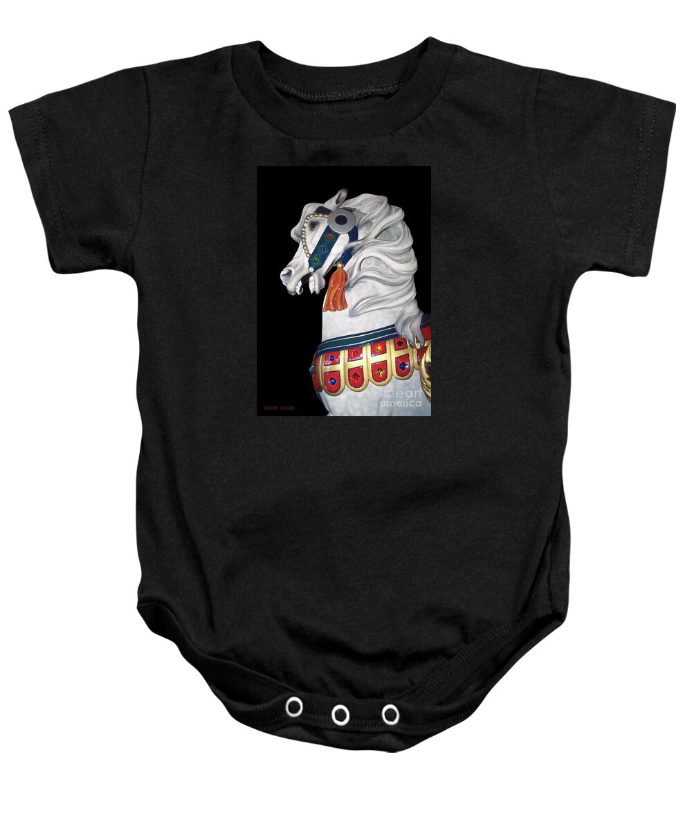 Horse Baby Onesie featuring the photograph carousel horses art - Dapple Gray I by Sharon Hudson