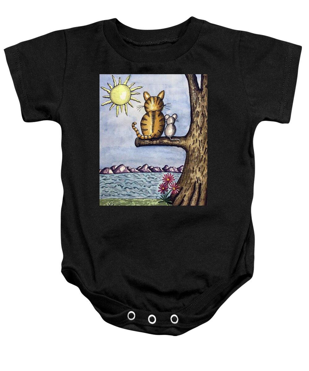 Childrens Art Baby Onesie featuring the painting Cat Mouse Sun by Christina Wedberg
