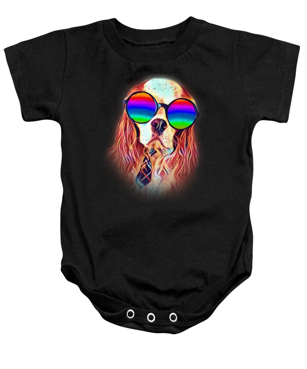 Dog Baby Onesie featuring the digital art Cavalier King Charles Spaniel Colorful Neon Dog Sunglasses by Jacob Zelazny