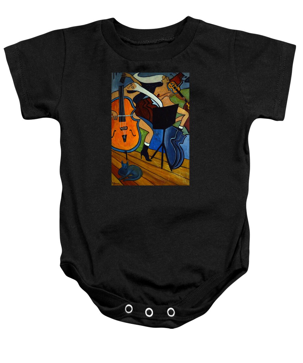 Cubic Abstract Baby Onesie featuring the painting Cello Violin Cat by Valerie Vescovi