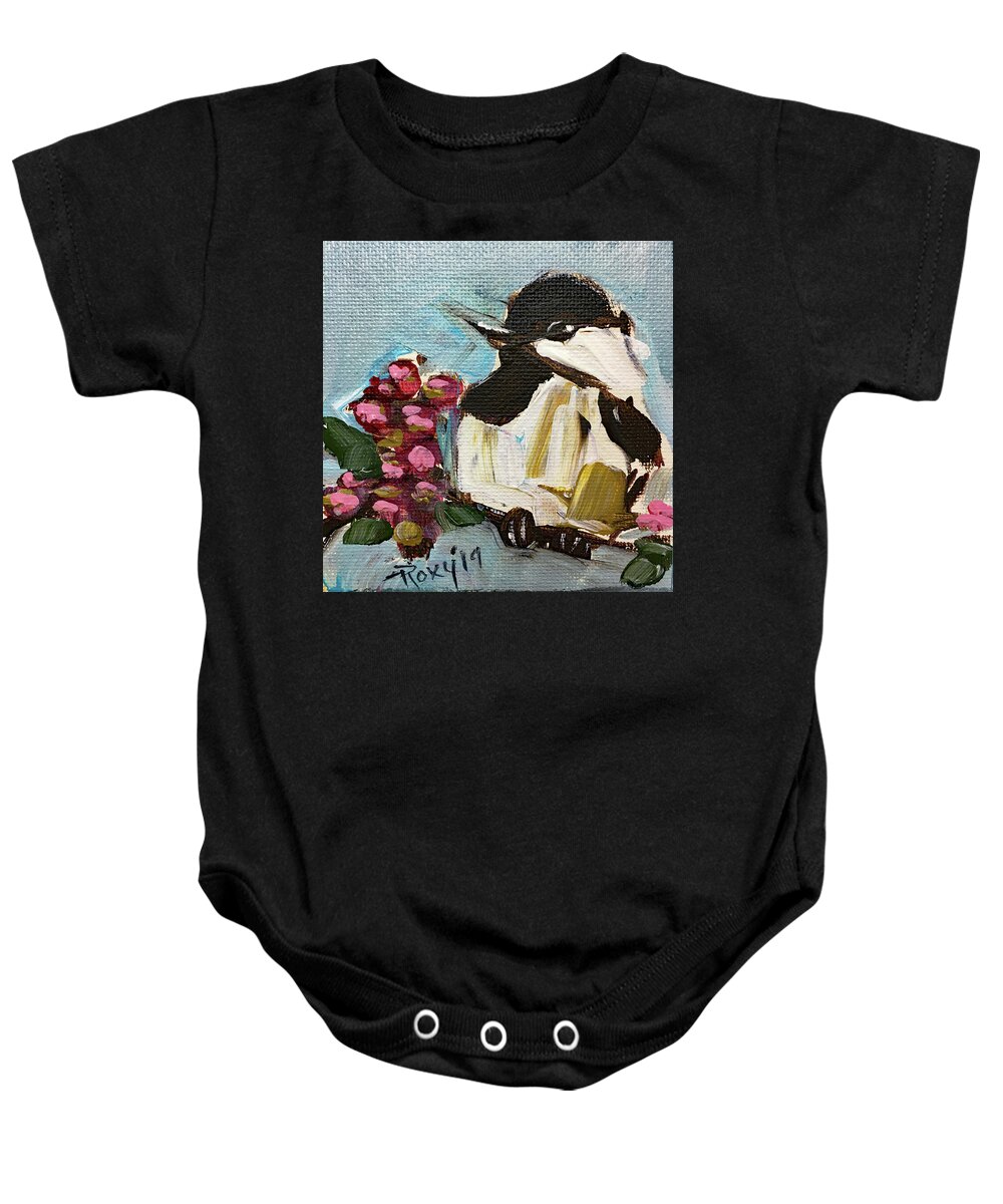 Chickadee Baby Onesie featuring the painting Chickadee with Pink Berries by Roxy Rich