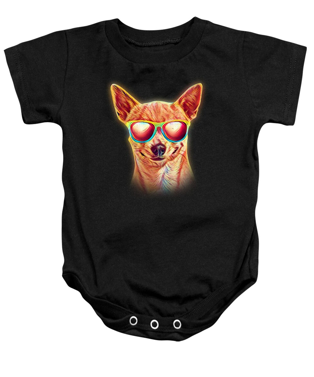 Chihuahua Baby Onesie featuring the digital art Chihuahua Neon Dog Sunglasses by Jacob Zelazny