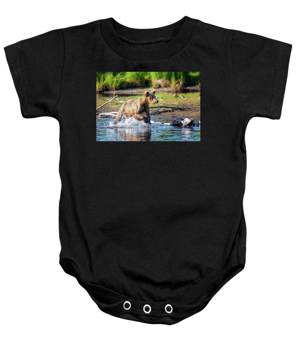 Alaska Baby Onesie featuring the photograph Coming for a salmon by Alex Mironyuk
