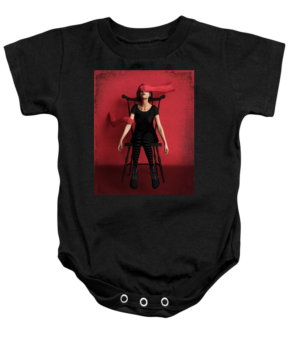Red Surreal Chair Girl Arms Control Dark Baby Onesie featuring the digital art Control #2 by Alisa Williams