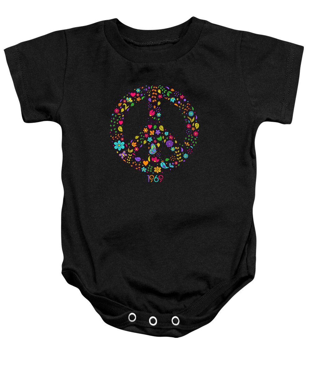Peace Baby Onesie featuring the painting Cool Peace Tees for Boys and Girls Peace and Love 1969 Short-Sleeve Unisex by Tony Rubino