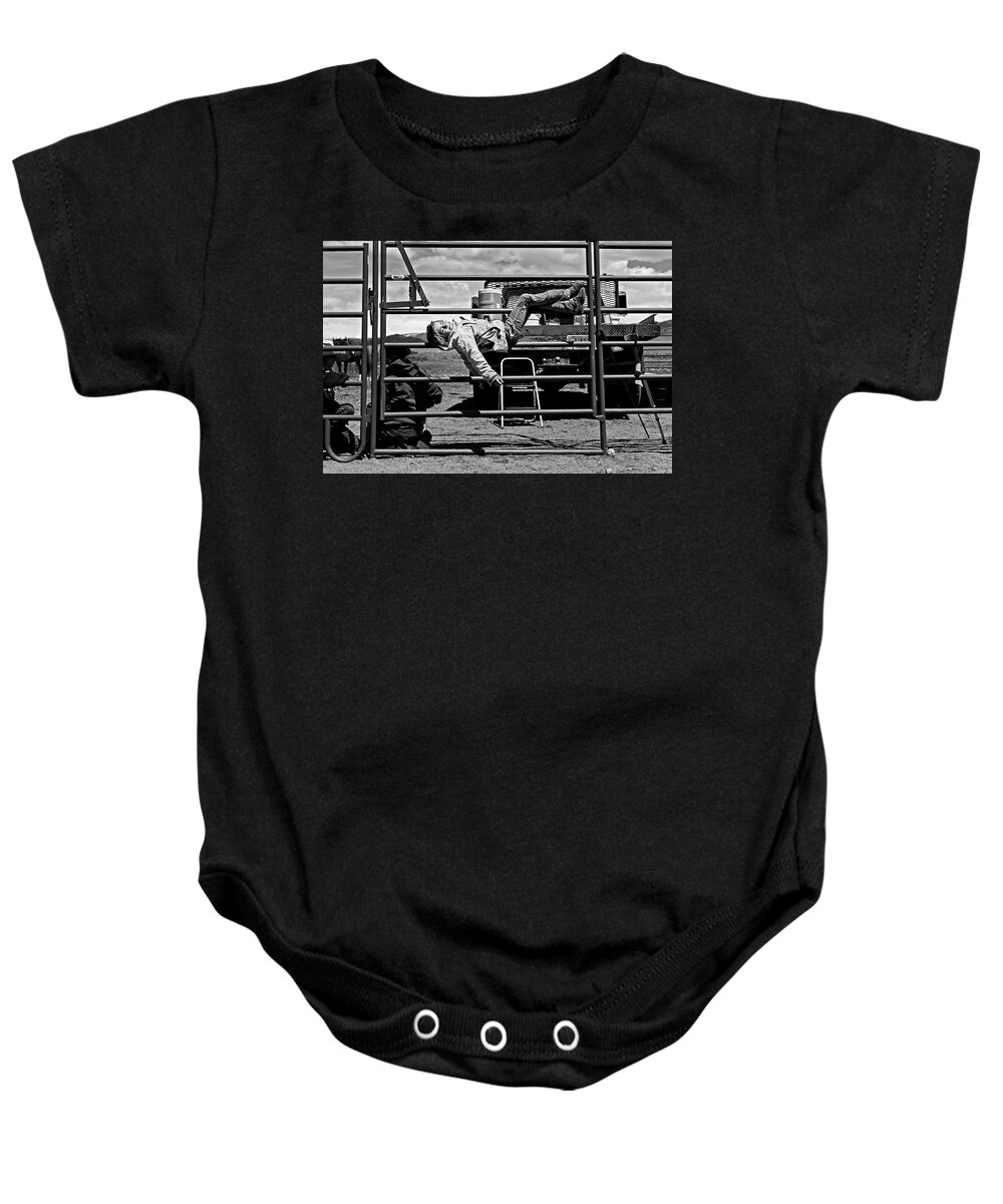 Ranch Baby Onesie featuring the photograph Cowgirl chilling by Julieta Belmont